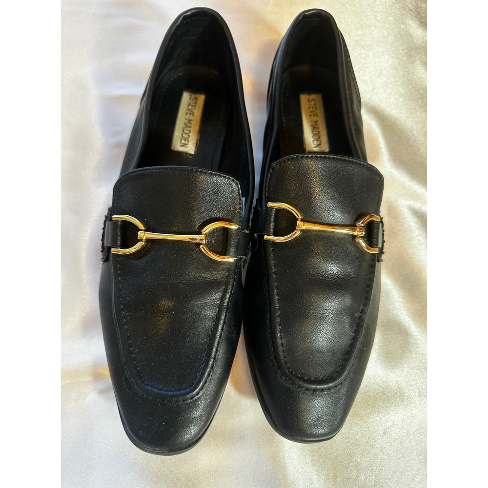 Steve Madden Carrine Black Leather Bit Loafers Gold Hardware Womens 9M